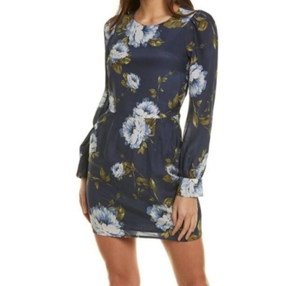 Yumi Kim Navy Blue Floral Print Anslie Akita Long Sleeve Mini Dress Size Small